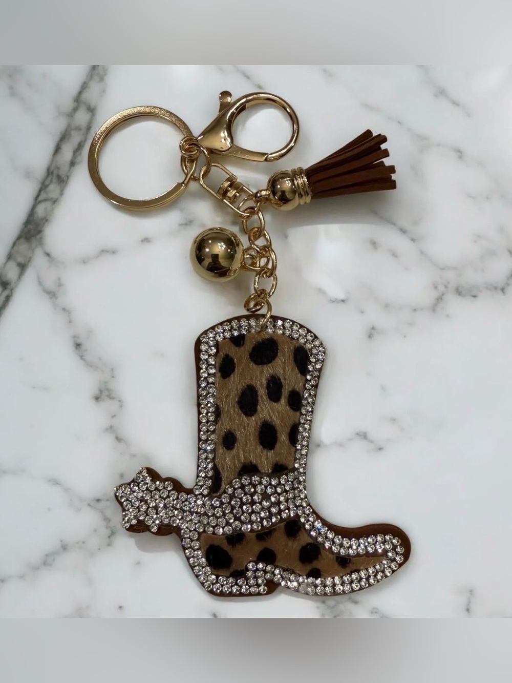 S Gold-Tone Leopard Print Cowboy Boot Keychain with Tassel - New!